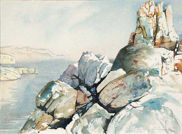 Crête du Bec Sormiou avec le cap Morgiou et le Bec de l’Aigle à l’arrière plan - Aquarelle